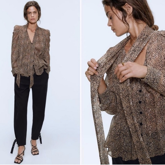 Zara Tops - Zara Leopard Print Puff Sleeve Tie Neck Top